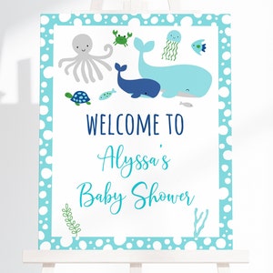 Editable Blue Under The Sea Welcome Sign Under The Sea Baby Shower Nautical Whale Sea Creature Baby Boy Printable Instant Download A179