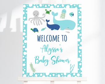 Editable Blue Under The Sea Welcome Sign Under The Sea Baby Shower Nautical Whale Sea Creature Baby Boy Printable Instant Download A179