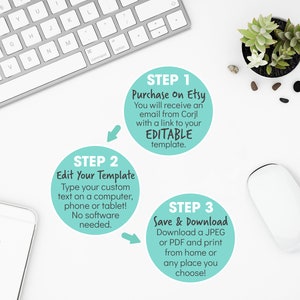 May include: A white background with three steps to edit a template. Step 1: Purchase on Etsy. Step 2: Edit Your Template. Step 3: Save & Download. A keyboard, a mouse, a smartphone, and a potted succulent are shown.