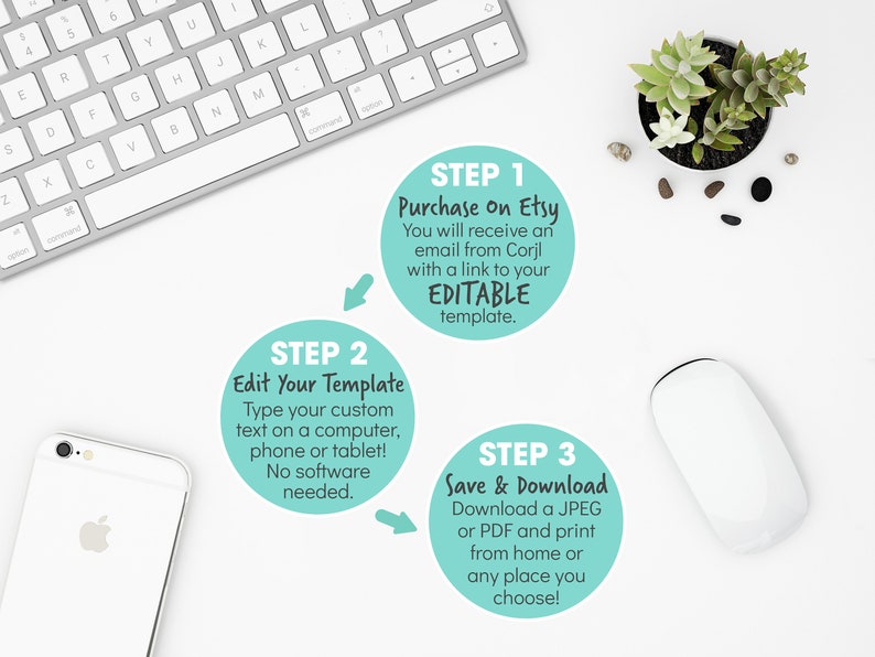 May include: A white background with three steps to edit a template. Step 1: Purchase on Etsy. Step 2: Edit Your Template. Step 3: Save & Download. A keyboard, a mouse, a smartphone, and a potted succulent are shown.