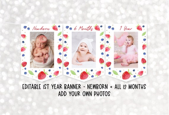 Strawberry First Birthday Banner Monthly Photo Banner Berry Sweet Strawberry Party Blueberry Birthday Berry Birthday Digital Download A670 Il_570xn