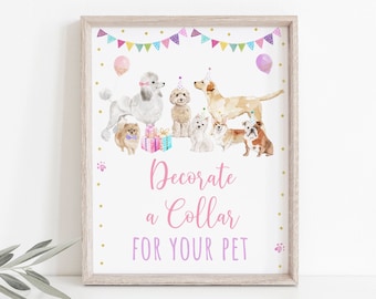May include: A printable sign with a watercolor illustration of dogs wearing party hats and holding gifts. The sign says "Decorate a Collar for Your Pet".