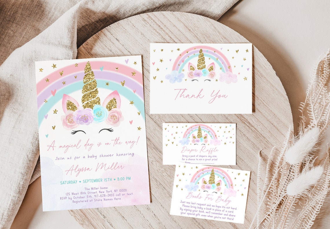Editable Unicorn Baby Shower Invitation Bundle Rainbow Unicorn Etsy