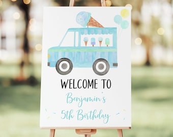 Editable Blue Ice Cream Truck Birthday Welcome Sign  Boys Ice Cream Party Modern Watercolor Ice Cream Printable Digital Download A673