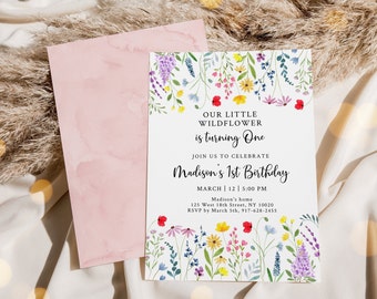 Editable Wildflower 1st Birthday Invitation Watercolor Wildflower Birthday Flower Birthday Floral Garden Party Digital Download A693