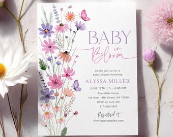 Wildflower Baby Shower Invitation, Baby in Bloom, Pink Purple Peach (Editable Digital) A782
