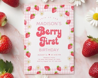 Strawberry First Birthday Invitation, Berry First Birthday Invite, Girl Strawberry Daisy Party, Pink Daisy, Editable Digital Download A768