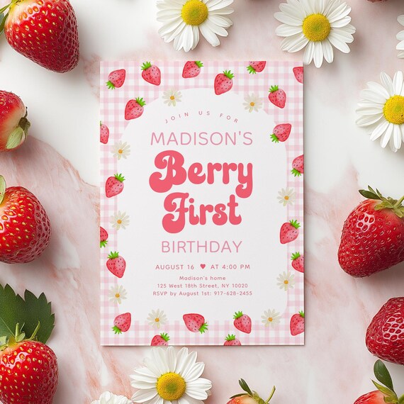 Strawberry First Birthday Invitation, Berry First Birthday Invite, Girl Strawberry Daisy Party, Pink Daisy, Editable Digital Download A768