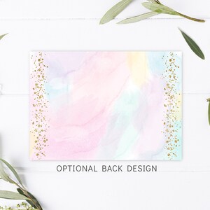 May include: A pastel watercolor background with gold glitter accents on the sides. The text "OPTIONAL BACK DESIGN" is at the bottom of the image.