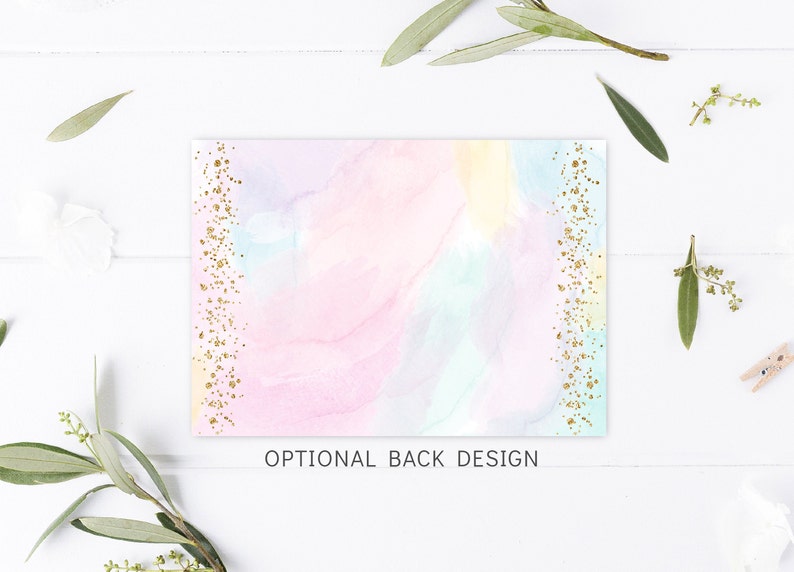May include: A pastel watercolor background with gold glitter accents on the sides. The text "OPTIONAL BACK DESIGN" is at the bottom of the image.