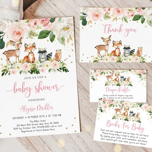 Editable Blush Woodland Girl Baby Shower Invitation Bundle Girl Woodland Baby Shower Pink Woodland Floral Diaper Raffle Book Card Suite A516