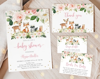 May include: A set of four baby shower invitations with a woodland theme. The invitations feature a pink and white floral design with a deer, fox, raccoon, and owl. The text on the invitations reads "Join us for a baby shower honoring Alyssa Miller".
