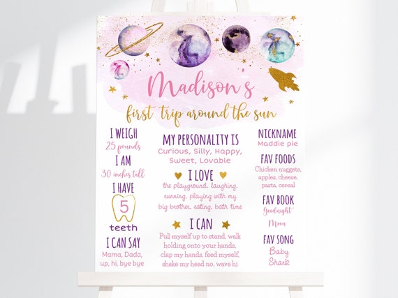 Editable Outer Space Birthday Milestone Sign First Trip Around The Sun Pink Gold Galaxy Planets Party Rocket Ship Printable Digital A586