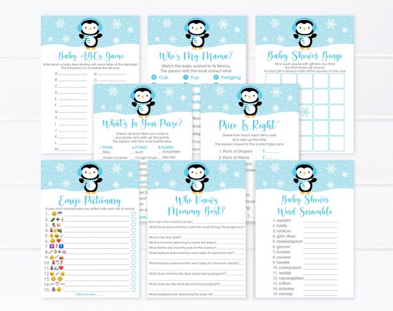 Penguin Baby Shower Games Package Blue Snowflake Winter Boy Baby Shower Set of 8 Games Printable Digital Instant Download Il_570xn
