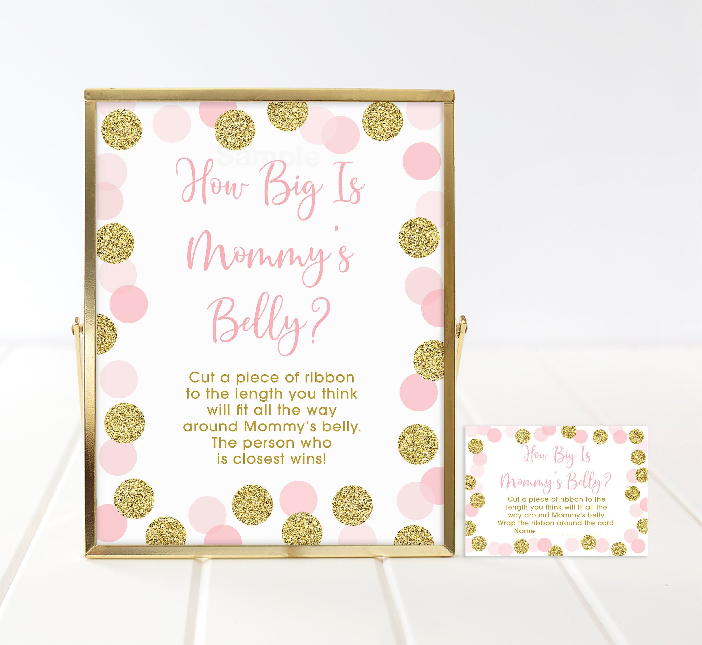 Blush Pink & Gold Glitter Dots How Big Is Mommys Belly Baby Shower Game