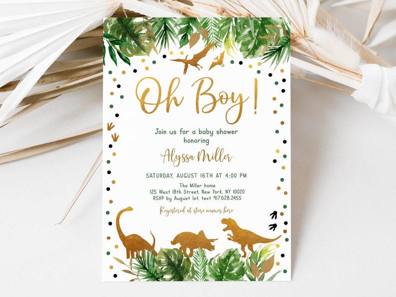 Editable Dinosaur Baby Shower Invitation, Gold Dinosaur, Safari, Tropical Dinosaur, T Rex, Digital, Printable Instant Download Corjl A498 image 1