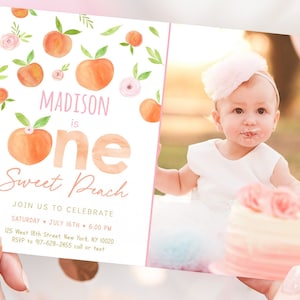 Editable Peach Birthday Invitation One Sweet Peach First Birthday Invite Peach Floral Girl 1st Birthday Printable Digital Download A668
