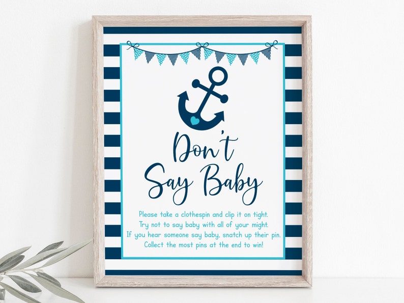 Nautical Don't Say Baby Game Nautical Baby Shower Anchor Boy Baby Shower Navy & Aqua Digital Printable Instant Download A222 image 1