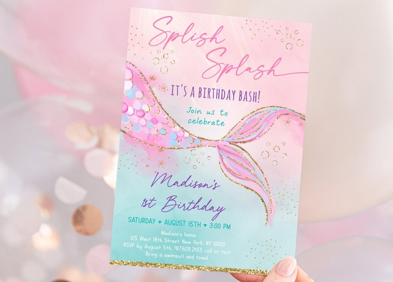 Editable Mermaid Birthday Invitation Mermaid Tail Birthday Invite Girls Mermaid Bash Pink Purple Gold Printable Digital