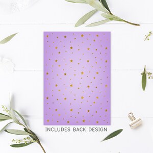 May include: Purple invitation card with a gold star pattern. The text "INCLUDES BACK DESIGN" is printed at the bottom of the card.