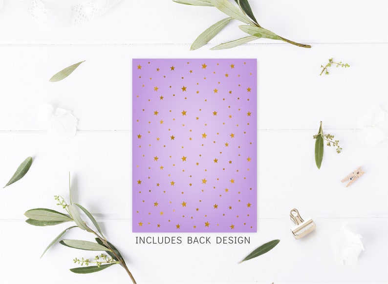 May include: Purple invitation card with a gold star pattern. The text "INCLUDES BACK DESIGN" is printed at the bottom of the card.