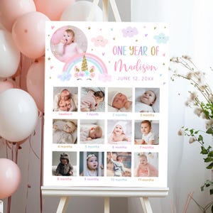 Cartel de primer año de cumpleaños con unicornio arcoíris, póster fotográfico mensual, collage de fotos de bebé mensual, nube arcoíris pastel, oro rosa, editable A582