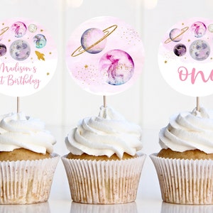 Editable Galaxy Cupcake Toppers Pink Gold Girl Galaxy Planets Rocket Ship Outer Space Moon Solar System Printable Instant Download A631