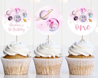 Editable Galaxy Cupcake Toppers Pink Gold Girl Galaxy Planets Rocket Ship Outer Space Moon Solar System Printable Instant Download A631