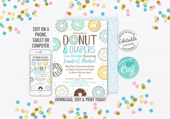 EDITABLE Donut Baby Sprinkle Invitation, Donuts &amp; Diapers Baby Sprinkle ...