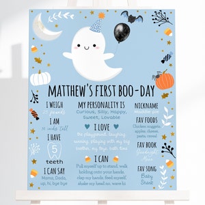 Bewerkbare blauwe geest eerste verjaardag mijlpaal teken eerste Boo-dag kleine BOO Ghost Boy Halloween Party Spooktaculaire digitale download A636