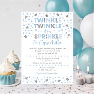 Editable Twinkle Star Baby Sprinkle Invitation Blue & Silver Baby Boy Twinkle It&#39;s A Sprinkle Printable Digital Instant Download A164