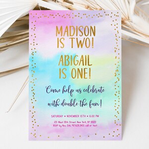 Editable Rainbow Joint Birthday Invitation Rainbow Birthday Invite Girls Rainbow Party Pink Gold Pastel Rainbow Confetti Download A656 image 2