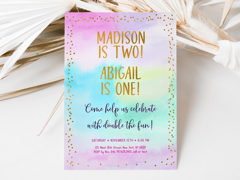 Editable Rainbow Joint Birthday Invitation Rainbow Birthday Invite Girls Rainbow Party Pink Gold Pastel Rainbow Confetti Download A656 image 2