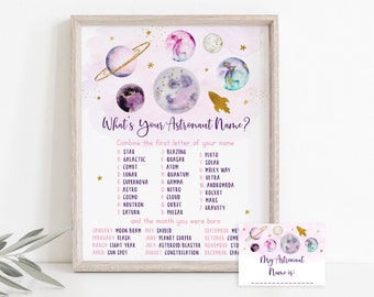 What's Your Astronaut Name Game Space Birthday Pink Gold Girl Galaxy Planets Outer Space Party Rocket Ship Digital Printable A631