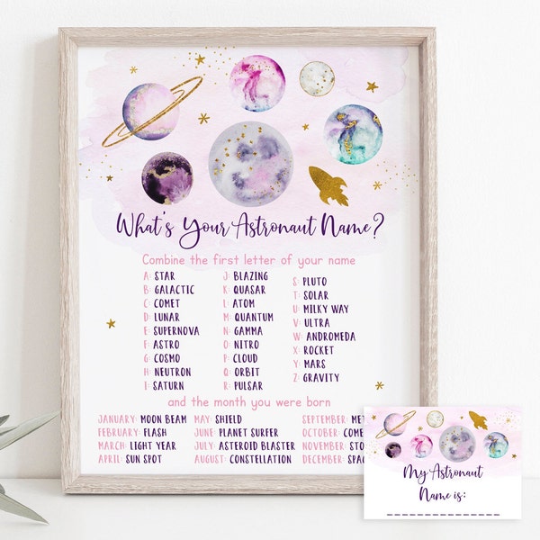 What's Your Astronaut Name Game Space Birthday Pink Gold Girl Galaxy Planets Outer Space Party Rocket Ship Digital Printable A631