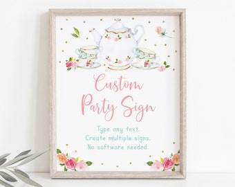 Editable Tea Party Birthday Sign Table Sign Tea for Two Girls Tea Party Pink Gold Floral Let's Par-tea Printable Digital Download A583