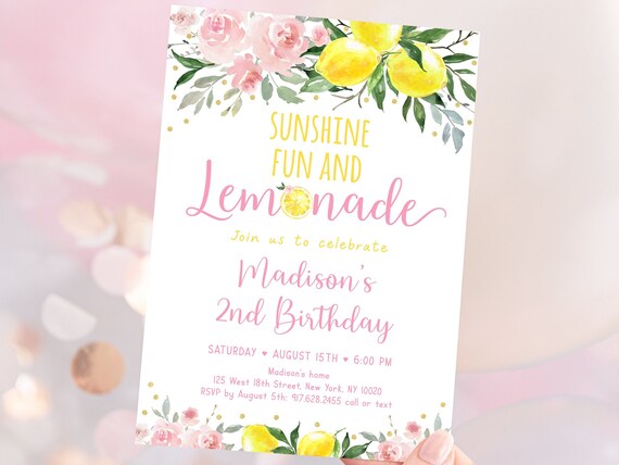 Editable Lemonade Birthday Invitation Sunshine Lemonade and Fun Pink Lemonade Pink Gold Floral Girl Lemonade Party Digital Download A613 Il_570xn
