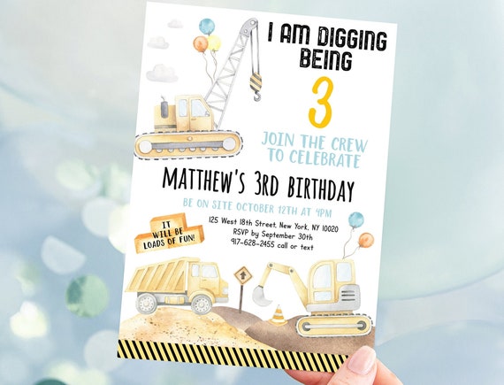 Editable Construction Birthday Invitation Construction Trucks Invite Digging Being 3 Boy Construction Party Digger Dump Truck Digital A665 Il_570xn