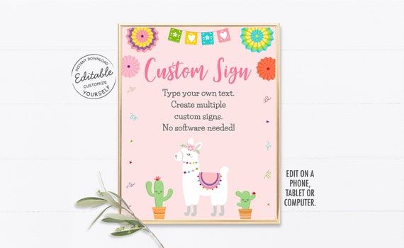 EDITABLE Llama Party Sign, Llama Birthday, Llama Baby Shower, Fiesta Party, Pink Llama, Cactus, Printable, Instant Download, Corjl A509 Il_570xn