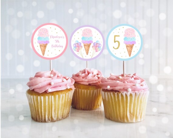 Editable Ice Cream Birthday Cupcake Topper Girl Ice Cream Party Rainbow Ice Cream Pink Gold Rainbow Balloons Printable Digital Download A611 Il_570xn