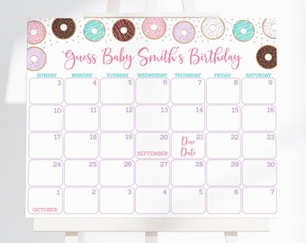 May include: A printable calendar with a donut theme. The calendar is for guessing Baby Smith's birthday. The due date is marked on September 21st.