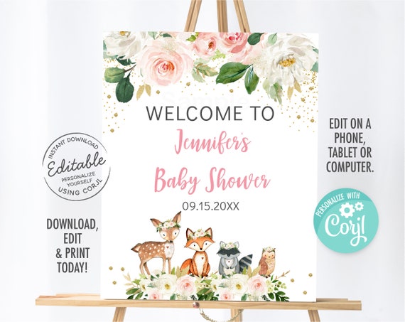 EDITABLE Woodland Baby Shower Welcome Sign, Woodland Animals, Forest Animals, Girl, Pink, Digital, Printable, Instant Download Template A516 Il_570xn