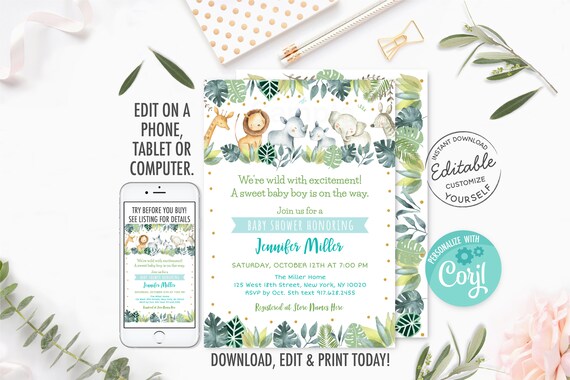 EDITABLE Safari Baby Shower Invitation, Wild One Baby Shower, Safari Animals, Jungle Animals, Boy Safari, Printable Instant Download A518 Il_570xn