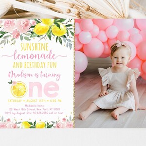 Editable Lemonade First Birthday Invitation Sunshine Lemonade and Fun Pink Lemonade Pink Gold Floral Girl Lemonade Party Digital A613