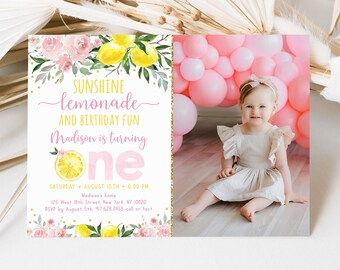 Editable Lemonade First Birthday Invitation Sunshine Lemonade and Fun Pink Lemonade Pink Gold Floral Girl Lemonade Party Digital A613