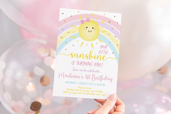 Editable Sunshine & Rainbow Birthday Invitation Girls Rainbow Party Pastel Rainbow Little Sunshine Printable Digital Instant Download A599 Il_570xn