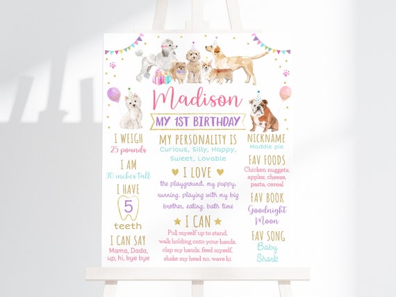 Editable Puppy Birthday Milestone Poster Let's Paw-ty Girl Puppy Party Puppy Dog Birthday Pink Gold Balloons Digital Download A621 Il_570xn