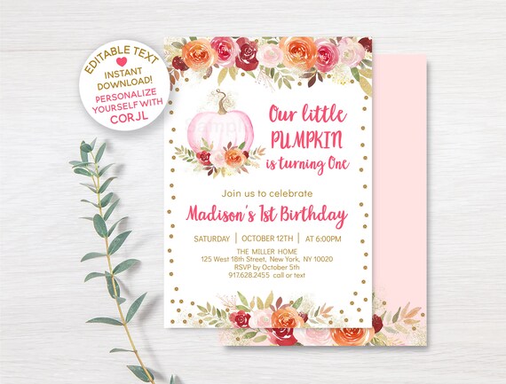 Fall Pumpkin Floral Birthday Invitation / Gold Pumpkin / Glitter Pumpkin / Pink Pumpkin 1st Birthday / EDITABLE Invite / A466 Il_570xn