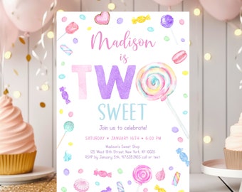 Editable TWO Sweet Birthday Invitation, Sweet Shop, Candy, Lollipop, Digital Download A659