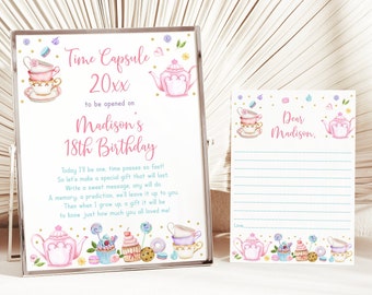Editable Tea Party Birthday Time Capsule Let's Par-tea Birthday Pink Gold Floral Tea Party Cake Cupcake Cookie Digital Download A651